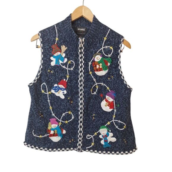 Designers Originals Studio Joy Womens Christmas Vest Size P/L Blue Zip Front VTG - Picture 1 of 13